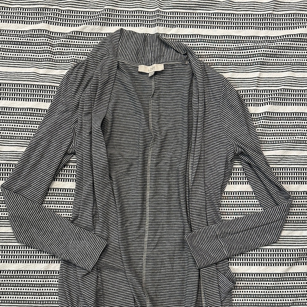 LOFT Grey Striped Cardigan With Pockets